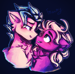 Size: 640x634 | Tagged: safe, artist:fraumflug, hitch trailblazer, sprout cloverleaf, earth pony, pony, g5, my little pony: a new generation, blushing, chest fluff, gay, looking at each other, male, ship:clovertrail, shipping, simple background, smiling, stallion