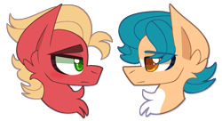 Size: 1211x661 | Tagged: safe, artist:saveraedae, hitch trailblazer, sprout cloverleaf, earth pony, pony, g5, my little pony: a new generation, blaze (coat marking), blushing, bust, coat markings, facial markings, gay, looking at each other, male, portrait, profile, ship:clovertrail, shipping, simple background, stallion, stallion on stallion, transparent background