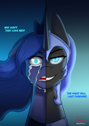 Size: 3307x4677 | Tagged: safe, artist:sforcetheartist, nightmare moon, princess luna, alicorn, pony, g4, crying, female, high res, mare, open mouth, sharp teeth, solo, teeth, the night will last forever