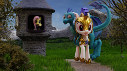 Size: 3840x2160 | Tagged: safe, artist:dieanondie, fluttershy, princess ember, dragon, pony, g4, 3d, blender, guard, high res