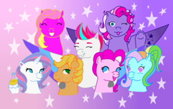 Size: 1621x1024 | Tagged: safe, artist:assertiveshypony, applejack (g1), pinkie pie, potion nova, rainbow dash (g3), starsong, sundance (g2), sunsparkle, zipp storm, earth pony, pegasus, pony, unicorn, g1, g2, g3, g3.5, g4, g4.5, g5, my little pony: a new generation, my little pony: pony life, digital art, happy, looking at each other, looking at you, mlp fim's eleventh anniversary, potion, simple background