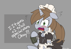 Size: 2550x1762 | Tagged: safe, artist:icey, oc, oc only, oc:littlepip, pony, unicorn, fallout equestria, abstract background, blatant lies, blushing, clothes, cute, dialogue, embarrassed, female, floppy ears, gray background, maid, mare, ocbetes, open mouth, pipabetes, pipbuck, simple background, solo, text