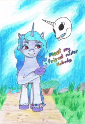 Size: 1145x1655 | Tagged: safe, artist:assertiveshypony, izzy moonbow, pony, unicorn, g5, my little pony: a new generation, drawing, female, grass, joke, simple background, skull, traditional art