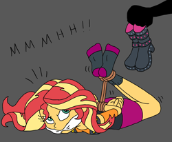 Size: 1540x1272 | Tagged: safe, artist:bugssonicx, sunset shimmer, human, equestria girls, g4, bondage, boots, cleave gag, cloth gag, clothes, female, gag, gray background, hogtied, looking back, muffled words, offscreen character, shoes, silhouette, simple background, socks, tied up