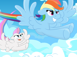 Size: 1858x1391 | Tagged: safe, artist:doodledonutart, rainbow dash, zipp storm, pegasus, pony, g5, my little pony: a new generation, cloud, duo, female, flying, gritted teeth, open mouth, race, sky