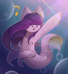 Size: 1850x2000 | Tagged: safe, artist:miryelis, pipp petals, pegasus, pony, seapony (g4), g5, my little pony: a new generation, bubble, clothes, crepuscular rays, crown, eyes closed, female, fin wings, fins, fish tail, flowing mane, flowing tail, hilarious in hindsight, jewelry, music notes, ocean, open mouth, purple mane, regalia, seaponified, seapony pipp petals, singing, smiling, solo, species swap, sunlight, swimming, tail, teeth, underwater, water, wings