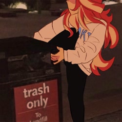 Size: 2048x2048 | Tagged: safe, artist:dreamz, sunset shimmer, equestria girls, g4, clothes, equestria girls in real life, female, high res, hoodie, irl, meme, pants, photo, ponified meme, redraw, self deprecation, solo, trash, trash can