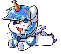 Size: 893x798 | Tagged: safe, artist:yilo, oc, oc only, oc:canicula, pegasus, pony, chibi, confetti, derp, drool, hat, lying down, open mouth, party hat, prone, simple background, solo, sploot, transparent background