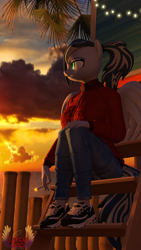 Size: 4320x7680 | Tagged: safe, artist:loveslove, oc, oc only, oc:skye light, pegasus, anthro, 3d, absurd file size, absurd resolution, cigarette, clothes, cloud, jacket, jeans, ladder, looking sideways, outdoors, palm tree, pants, pegasus oc, shoes, sitting, smoking, sneakers, solo, source filmmaker, sunset, tail, tree, wings