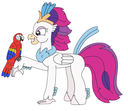 Size: 2807x2448 | Tagged: safe, artist:supahdonarudo, queen novo, bird, classical hippogriff, hippogriff, macaw, parrot, scarlet macaw, my little pony: the movie, happy, high res, perching, pet, simple background, transparent background