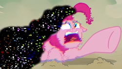 Size: 1280x720 | Tagged: safe, artist:joshthepinkgump, edit, edited screencap, screencap, pinkie pie, earth pony, pony, g4, come and learn with pibby!, crossover, error, female, glitch, mare, open mouth, pibby, scared, screaming, solo, static