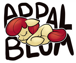 Size: 1162x965 | Tagged: safe, artist:gsphere, apple bloom, earth pony, pony, g4, female, filly, misspelling, simple background, sleeping, solo, white background