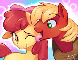 Size: 900x697 | Tagged: safe, artist:gsphere, apple bloom, big macintosh, earth pony, pony, g4, behaving like a dog, big macindog, brother and sister, duo, female, filly, licking, male, one eye closed, siblings, stallion, tongue out