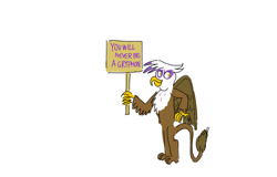 Size: 1024x656 | Tagged: safe, artist:horsesplease, gilda, griffon, g4, anti-bronybait, bipedal, bronybait, doodle, holding a sign, reality ensues, reality sucks, smiling, smirk, smug, you will never be an x