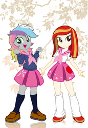 Size: 626x909 | Tagged: safe, artist:michiyoshi, oc, oc only, oc:poniko, oc:rokuchan, equestria girls, g4, clothes, duo, equestria girls-ified, female, japan ponycon, open mouth, open smile, shirt, shoes, skirt, smiling, socks, uniform