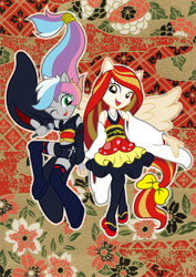 Size: 596x842 | Tagged: safe, artist:michiyoshi, oc, oc only, oc:poniko, oc:rokuchan, equestria girls, g4, bow, clothes, detached sleeves, dress, duo, equestria girls-ified, female, hair bow, holding hands, japan ponycon, microphone, one eye closed, open mouth, open smile, ponied up, shirt, shorts, smiling, spread wings, wings, wink
