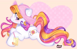 Size: 4096x2582 | Tagged: safe, artist:bunxl, sunny daze (g3), earth pony, pony, g3, blushing, cute, drinking straw, female, g3betes, glass, hat, heart, heart eyes, juice, looking at you, lying down, mare, prone, signature, smiling, smiling at you, solo, sparkly mane, sparkly tail, sun hat, tail, wingding eyes