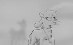 Size: 1424x880 | Tagged: safe, artist:hitsuji, arizona (tfh), paprika (tfh), alpaca, cow, them's fightin' herds, blurry, community related, duo, fog, monochrome, neckerchief, ominous