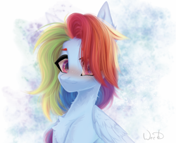 Size: 3865x3141 | Tagged: safe, artist:maybeweed, rainbow dash, pegasus, pony, g4, alternate hairstyle, chest fluff, cute, dashabetes, female, hair over one eye, high res, looking at you, smiling, solo