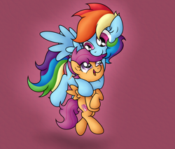 Size: 3538x3013 | Tagged: safe, artist:background basset, rainbow dash, scootaloo, pegasus, pony, g4, cute, duo, duo female, female, filly, flying, happy, high res, looking at each other, mare, multicolored hair, multicolored mane, multicolored tail, open mouth, open smile, purple eyes, rainbow hair, rainbow tail, scootalove, simple background, smiling, spread wings, tail, wings