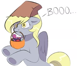 Size: 2121x1830 | Tagged: safe, artist:vetta, derpy hooves, pegasus, pony, g4, boo, candy, clothes, costume, female, floppy ears, food, halloween, holiday, mouth hold, nightmare night costume, paper bag, paper bag wizard, pumpkin bucket, shiny mane, simple background, solo, underhoof, white background