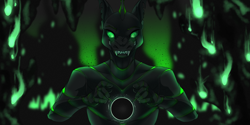 Size: 1800x900 | Tagged: safe, artist:kyyrin, oc, oc only, oc:villainshima, changeling, hybrid, insect, anthro, anthro oc, black hole, chitin, clothes, fangs, fire, green changeling, green fire, solo, teeth