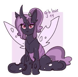 Size: 561x549 | Tagged: safe, artist:lulubell, oc, oc only, oc:gloom, changeling, closed mouth, eyeshadow, fangs, female, frown, makeup, mare, passepartout, pink eyes, purple changeling, sitting, slit pupils, solo, text, unamused