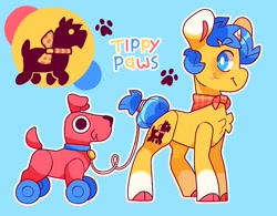 Size: 3203x2500 | Tagged: safe, artist:cocopudu, oc, oc only, oc:tippy paws, dog, earth pony, pony, blue background, chest fluff, high res, looking at you, simple background, smiling, solo, toy, white outline, white pupils