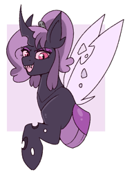 Size: 453x627 | Tagged: safe, artist:lulubell, oc, oc only, oc:gloom, changeling, bust, eyeshadow, fangs, female, magenta eyes, makeup, mare, open mouth, passepartout, ponytail, purple changeling, slit pupils, solo, tongue out