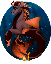 Size: 1047x1302 | Tagged: safe, artist:dachiia, oc, oc only, merpony, seapony (g4), artfight, blue background, bubble, fins, fish tail, flowing mane, flowing tail, lamp, light, looking at you, male, ocean, orange eyes, signature, simple background, smiling, solo, sunlight, swimming, tail, underwater, water