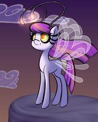 Size: 1600x2000 | Tagged: safe, artist:plaguemare, boulder (g4), oc, oc only, oc:misty meadows, breezie, g4, antennae, breezie oc, cloud, female, flowing mane, mare, rock, solo, sunset, wings