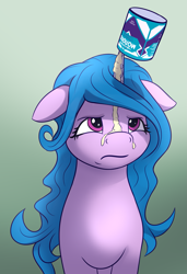 Size: 1327x1935 | Tagged: safe, artist:rnghat, izzy moonbow, pony, unicorn, g5, my little pony: a new generation, spoiler:my little pony: a new generation, condensed milk, cyrillic, female, floppy ears, frown, gradient background, izzy impaling things, izzy moonbow is not amused, mare, milk, russian, solo, unamused