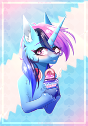 Size: 2760x3920 | Tagged: safe, artist:honeybbear, oc, oc only, pony, unicorn, bust, cupcake, donut, female, food, high res, mare, portrait, solo