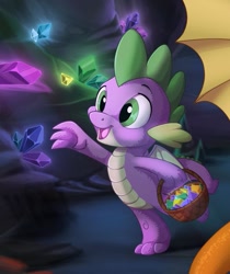 Size: 1035x1234 | Tagged: safe, artist:sirzi, edit, spike, dragon, g4, basket, cave, cropped, cute, gem, gem cave, happy, male, open mouth, spikabetes, spread wings, winged spike, wings