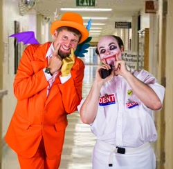 Size: 1294x1266 | Tagged: safe, artist:s_crackle, discord, human, g4, belt, clothes, clown, cosplay, costume, forced smile, hat, hospital, irl, irl human, joker, makeup, photo, smiling, suit, the joker, top hat, watch