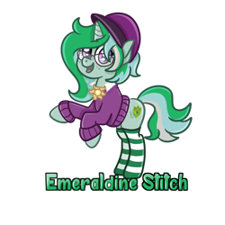 Size: 894x894 | Tagged: safe, artist:redpalette, oc, oc only, oc:emeraldine stitch, pony, unicorn, clothes, convention badge, cute, female, glasses, hat, horn, simple background, smiling, socks, solo, stockings, sweater, thigh highs, transparent background, unicorn oc