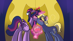 Size: 3200x1800 | Tagged: safe, artist:sereneocean, star tracker, twilight sparkle, alicorn, earth pony, pony, g4, alternate hairstyle, bouquet, date, eyes closed, female, flower, jewelry, kissing, male, mare, regalia, ship:twitracker, shipping, stallion, straight, twilight sparkle (alicorn)