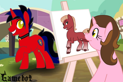 Size: 1080x720 | Tagged: safe, artist:tcgamebot, sprout cloverleaf, oc, oc:color breezie, oc:eclipse shine, earth pony, pony, unicorn, g5, my little pony: a new generation, artist, drawing, easel, female, heart eyes, male, mare, mouth hold, pencil drawing, ponyville, pose, smiling, stallion, traditional art, wingding eyes