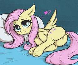 Size: 3000x2500 | Tagged: safe, alternate version, artist:t72b, fluttershy, pegasus, pony, g4, adorasexy, bed, blushing, butt, cute, dock, featureless crotch, female, floppy ears, flutterbutt, heart, high res, looking at you, lying down, mare, on bed, on side, pillow, plot, question mark, sexy, shyabetes, smiling, solo, tail, wings