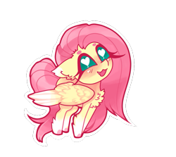 Size: 817x729 | Tagged: safe, artist:minty--fresh, fluttershy, pegasus, pony, g4, :3, alternate design, blushing, chest fluff, chibi, cute, daaaaaaaaaaaw, ear fluff, female, fluffy, green eyes, heart eyes, long hair, mare, open mouth, pink hair, shyabetes, simple background, snaggletooth, solo, sticker, transparent background, weapons-grade cute, wingding eyes, wings