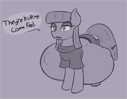 Size: 1507x1175 | Tagged: safe, artist:funble, maud pie, earth pony, pony, g4, belly bumps, clothes, dialogue, female, hyper, hyper belly, hyper pregnancy, impossibly large belly, kicking, lidded eyes, mare, open mouth, pregnant, speech bubble