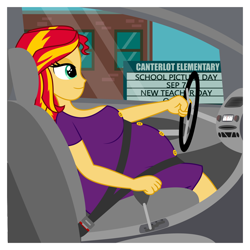 Size: 1600x1600 | Tagged: safe, artist:snap1994, sunset shimmer, equestria girls, g4, belly, big belly, breasts, busty sunset shimmer, car, car interior, clothes, driving, female, pregnant, school, seatbelt, smiling, steering wheel, sunset preggers
