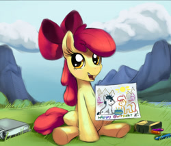 Size: 900x765 | Tagged: safe, artist:gsphere, apple bloom, oc, earth pony, pony, g4, cloud, drawing, female, filly, grass, mountain, solo