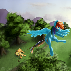 Size: 2768x2769 | Tagged: safe, artist:edgillock, applejack, rainbow dash, earth pony, pegasus, pony, g4, caught, duo, female, high res, lasso, mare, rope, spread wings, surprised, sweet apple acres, tree, wings
