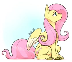 Size: 1818x1548 | Tagged: dead source, safe, artist:baitslament, fluttershy, pegasus, pony, colored hooves, colored wings, female, gradient background, looking up, mare, profile, sitting, smiling, solo, spread wings, two toned wings, wings