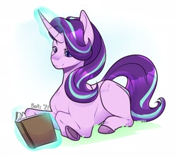 Size: 2232x1983 | Tagged: dead source, safe, artist:baitslament, starlight glimmer, pony, unicorn, g4, book, colored hooves, colored pupils, female, glowing, glowing horn, high res, horn, lidded eyes, lying down, magic, magic aura, mare, ponyloaf, prone, reading, simple background, smiling, solo, telekinesis, white background