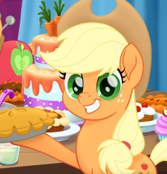 Size: 411x429 | Tagged: safe, screencap, applejack, big macintosh, earth pony, pony, g4, my little pony: the movie, cake, cropped, cute, female, food, freckles, holding something, jackabetes, looking at you, mare, pie, smiling, solo, we got this together