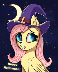 Size: 3115x3894 | Tagged: safe, artist:ingolf arts, fluttershy, pegasus, pony, g4, bust, chest fluff, clothes, crescent moon, cute, ear fluff, eye reflection, female, folded wings, grin, halloween, hat, high res, holiday, looking at you, looking sideways, mare, moon, night, portrait, reflection, shyabetes, smiling, smiling at you, solo, starry night, stars, three quarter view, wings, witch, witch hat