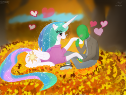 Size: 4000x3000 | Tagged: safe, artist:enonnnymous, princess celestia, oc, oc:anon, alicorn, human, pony, g4, autumn, blushing, clothes, cute, cutelestia, duo, eye contact, female, heart, heart eyes, holding hands, holding hooves, hoof kissing, interspecies, kissing, leaves, looking at each other, love, male, mare, romantic, straight, sweater, waifu, wingding eyes