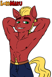 Size: 2693x3973 | Tagged: safe, artist:lordmarukio, sprout cloverleaf, earth pony, anthro, g5, my little pony: a new generation, abs, clothes, high res, male, muscles, muscular male, nipples, nudity, partial nudity, pecs, simple background, solo, stupid sexy sprout cloverleaf, topless, white background